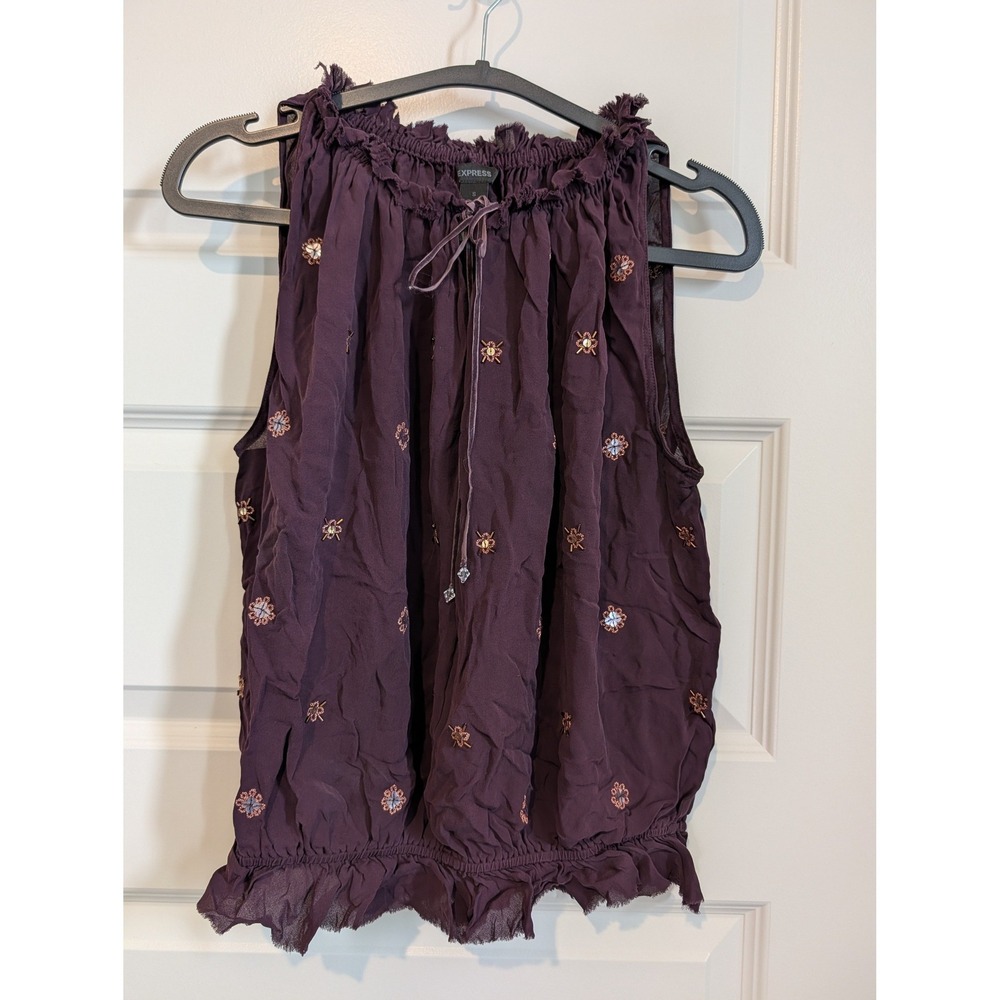Express Silk Embroidered Beaded Purple Boho Blouse